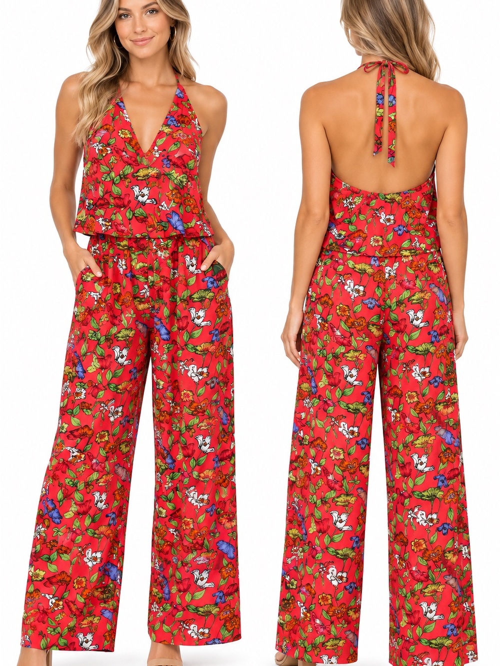 Philosophy Red Floral Halter Wide-Leg Jumpsuit - 1119